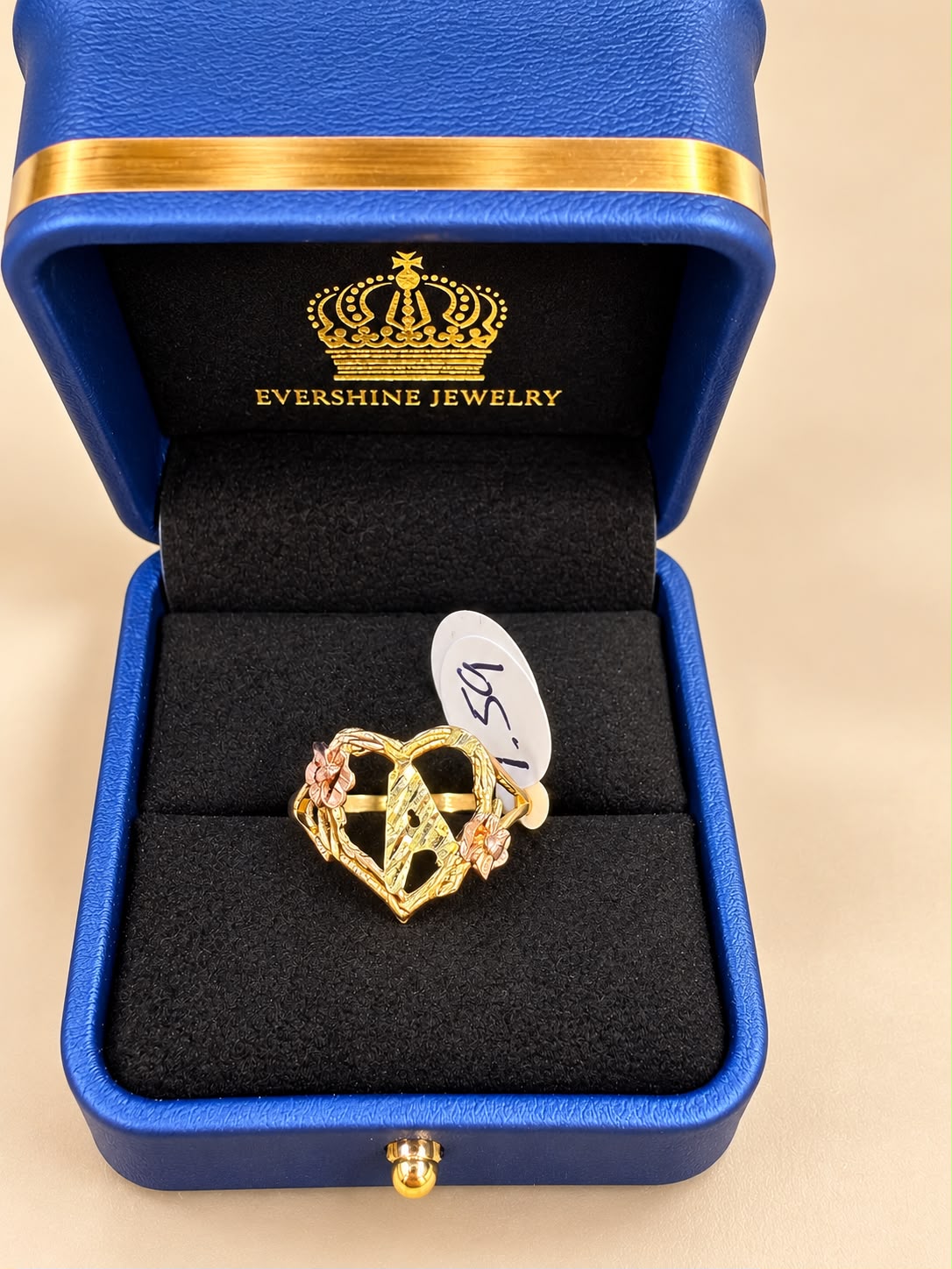Beautiful 10K Yellow Gold Letter A Initial Ring featuring an elegant open-heart design with stunning tri-color gold accents and delicate floral details.
