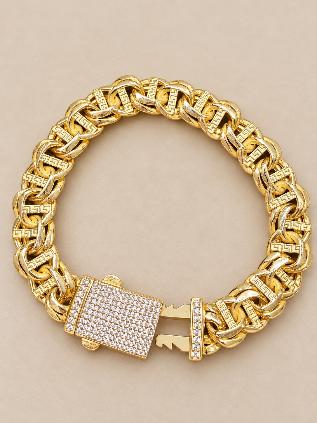 10K Yellow Gold Greek Key Link Bracelet CZ Stones 9.5” 12mm 25.9 Grams