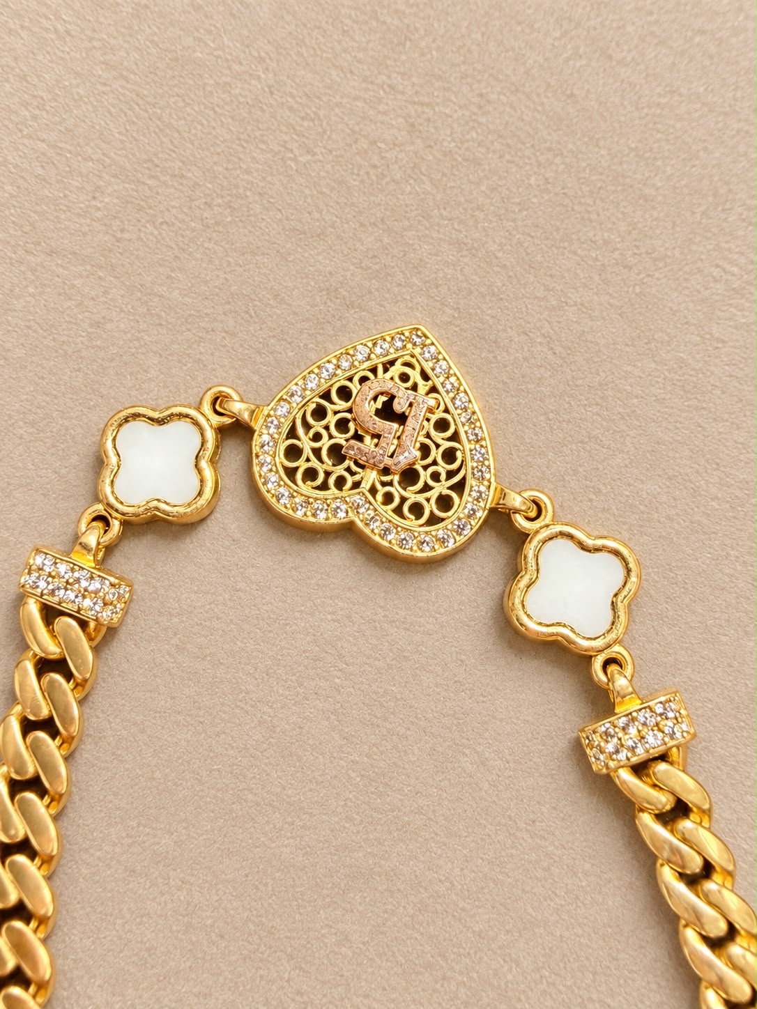 10K Yellow Gold Cuban Link Heart Clover Bracelet CZ Stones 8.5” 5.8mm 7 Grams