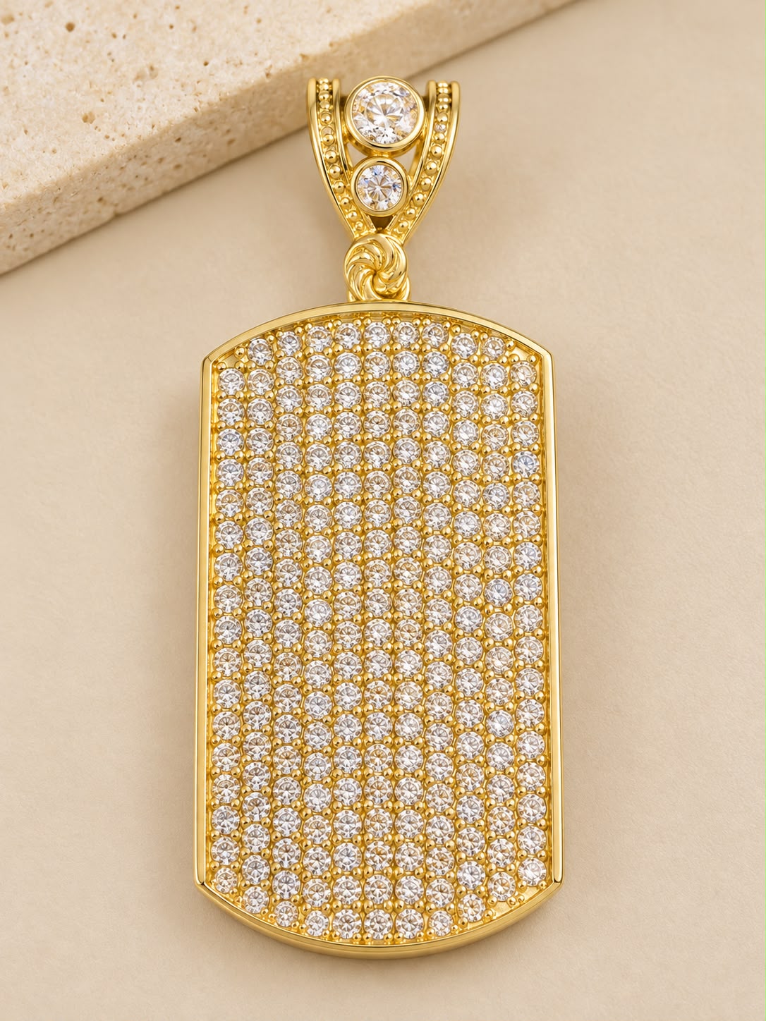 10K Yellow Gold CZ Stone Dog Tag Pendant Charm 1.5” Unisex