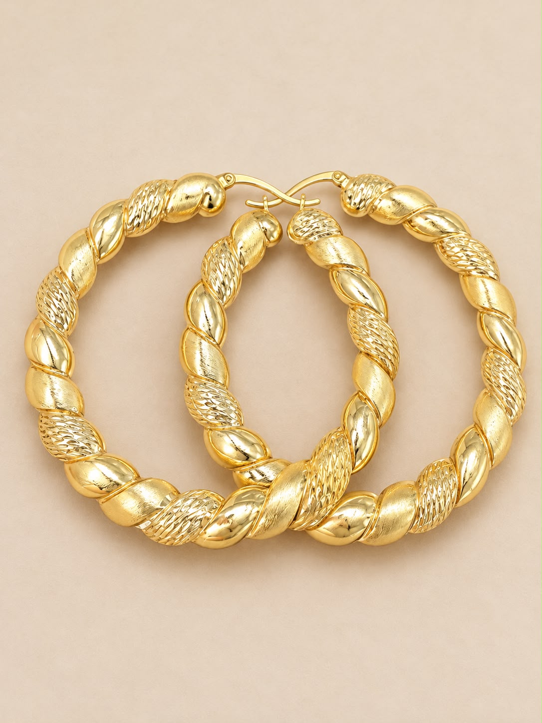 10K Yellow Gold Diamond Cut Twist Hoop Earrings 3 Inch Large Women’s Hoops