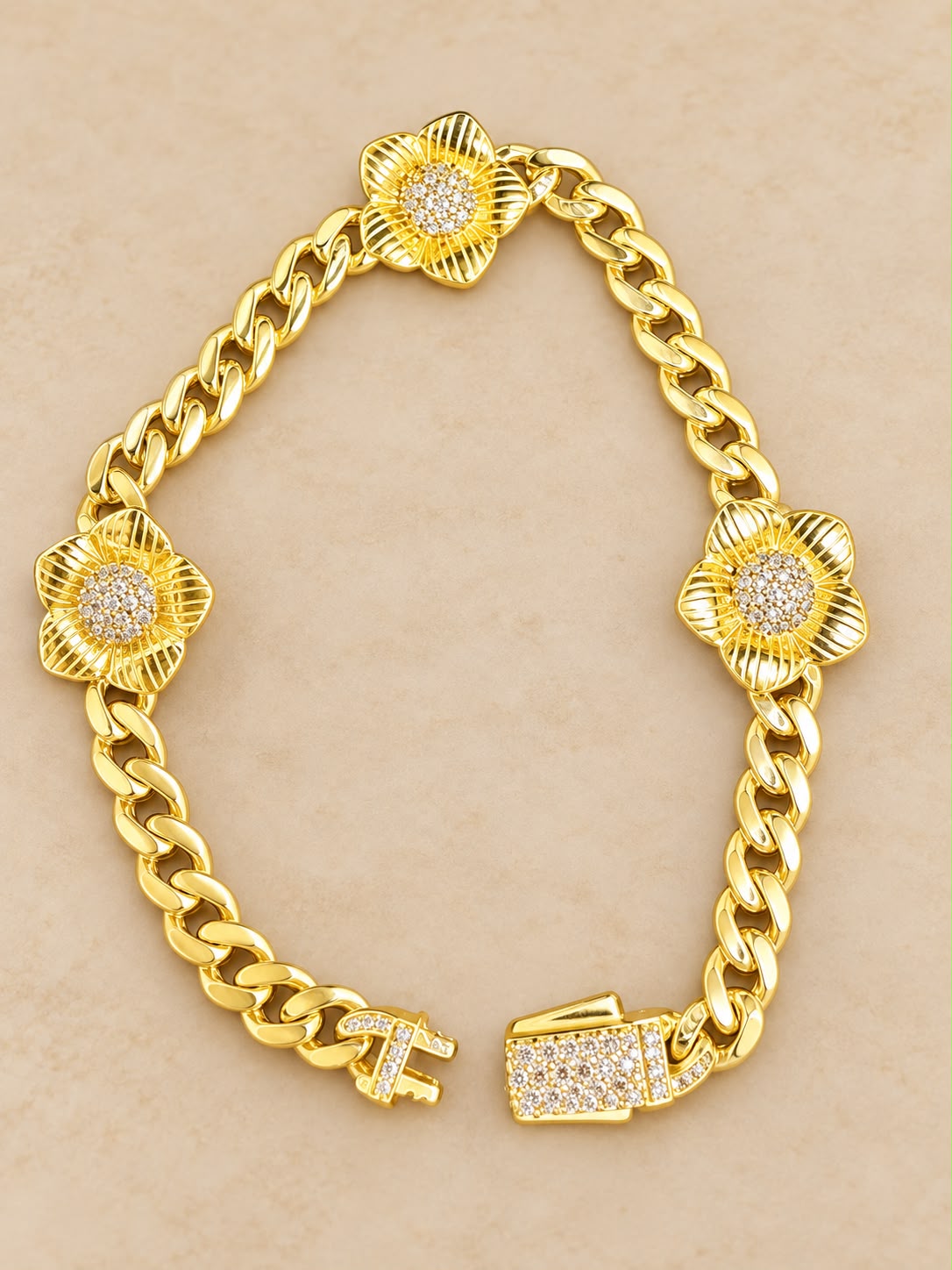 10K Yellow Gold Cuban Link Flower Bracelet with CZ Stones 7” 7.44 Grams