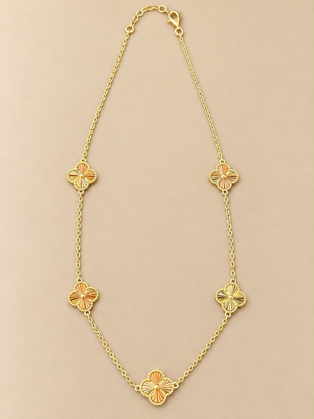 10K Yellow Gold Two Tone Clover Flower Station Necklace 10.9mm 6.91 Grams