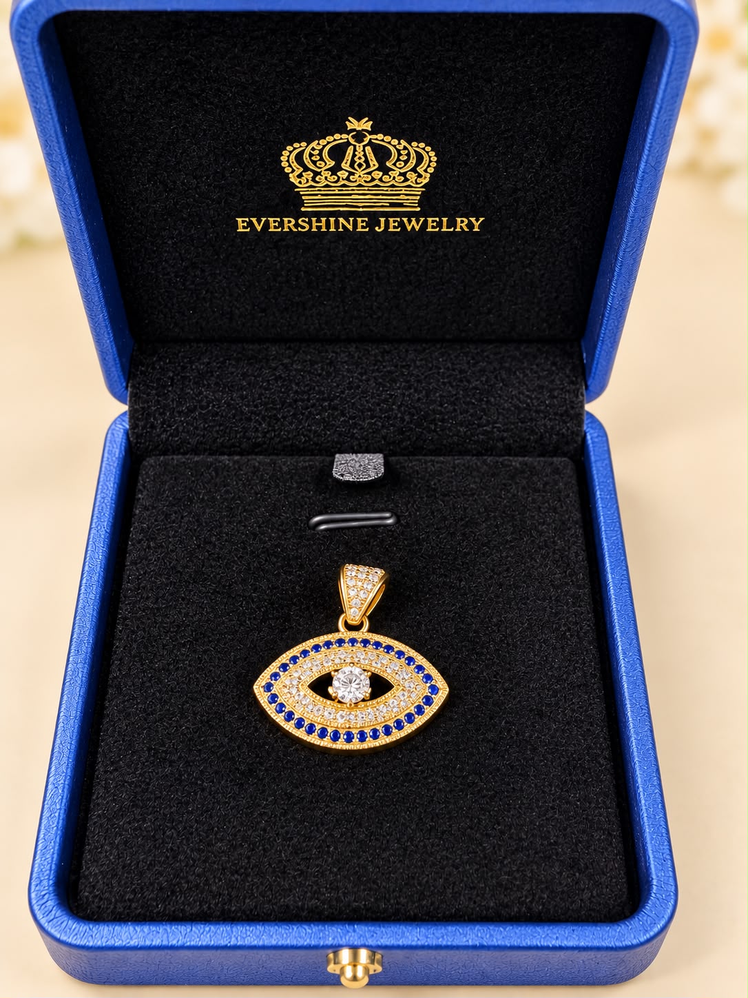 10K Yellow Gold Blue Evil Eye Pendant with CZ Stones 1 Inch
