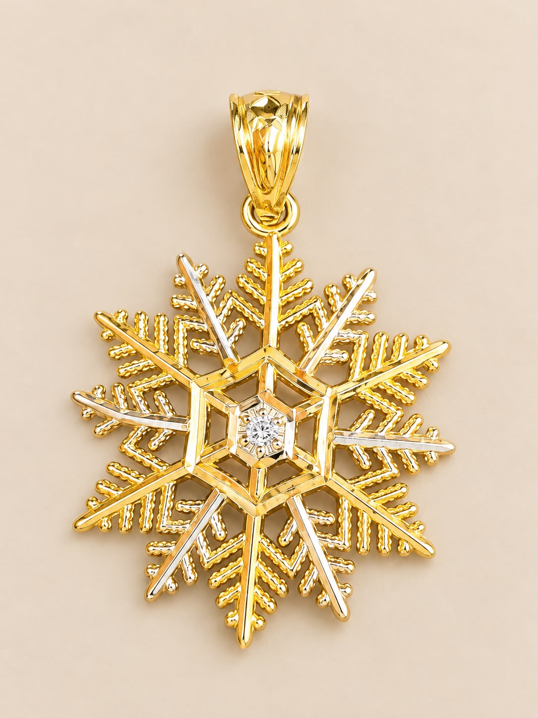10K Yellow Gold Snowflake Pendant with Sparkling CZ Stone – 1 Inch