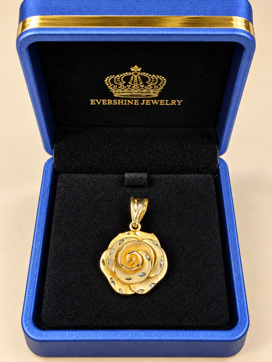 10K Yellow Gold Rose Flower Pendant Charm – Diamond Cut Floral Jewelry 1 Inch