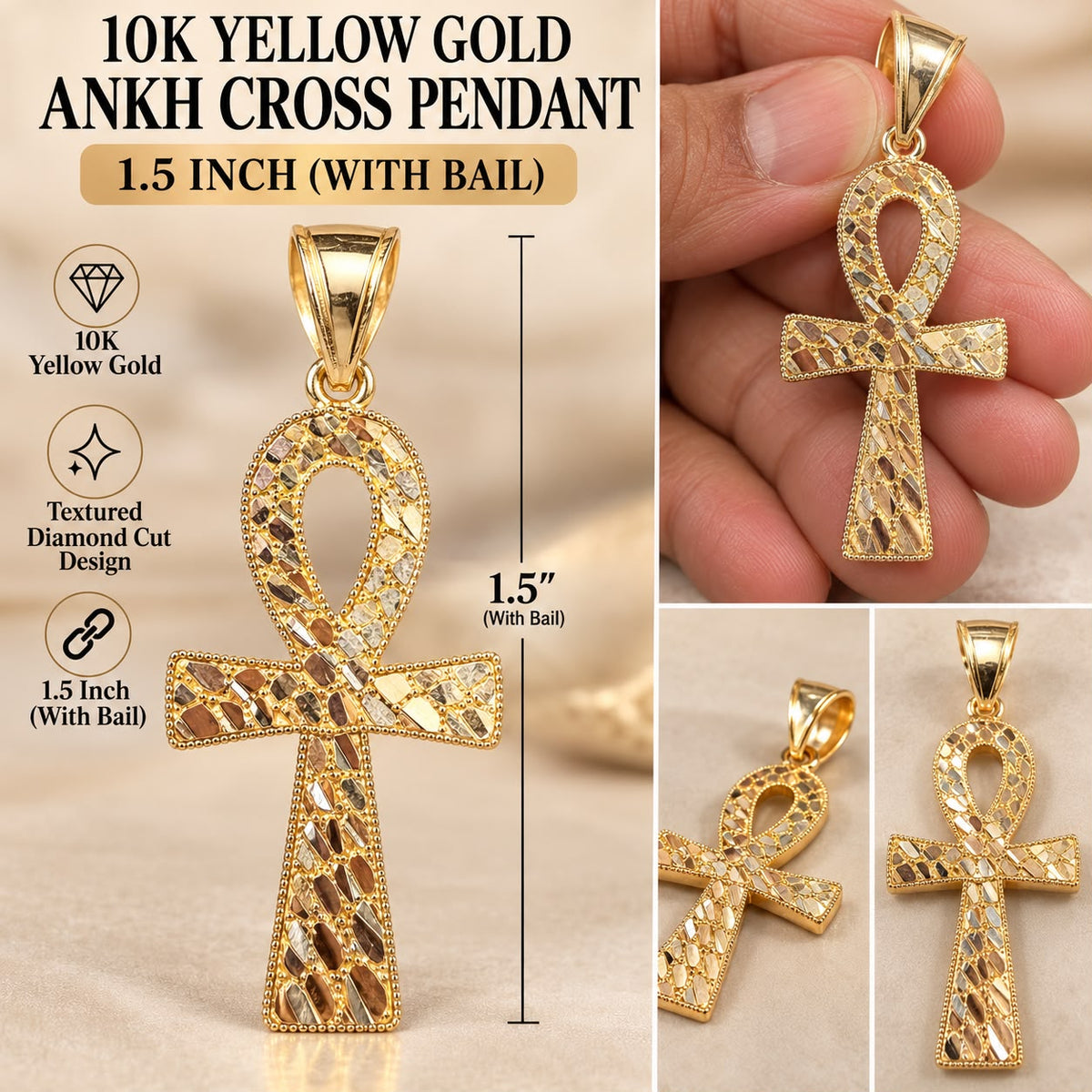 10K Yellow Gold Ankh Cross Pendant – Egyptian Key of Life Diamond Cut 1.5”