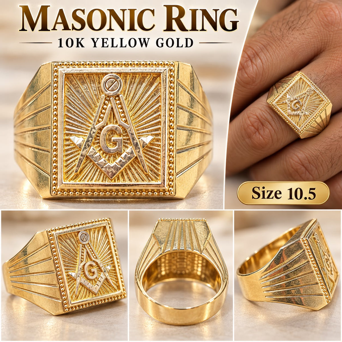 10K Yellow Gold Men’s Masonic Freemason Square Signet Ring Size 10.5