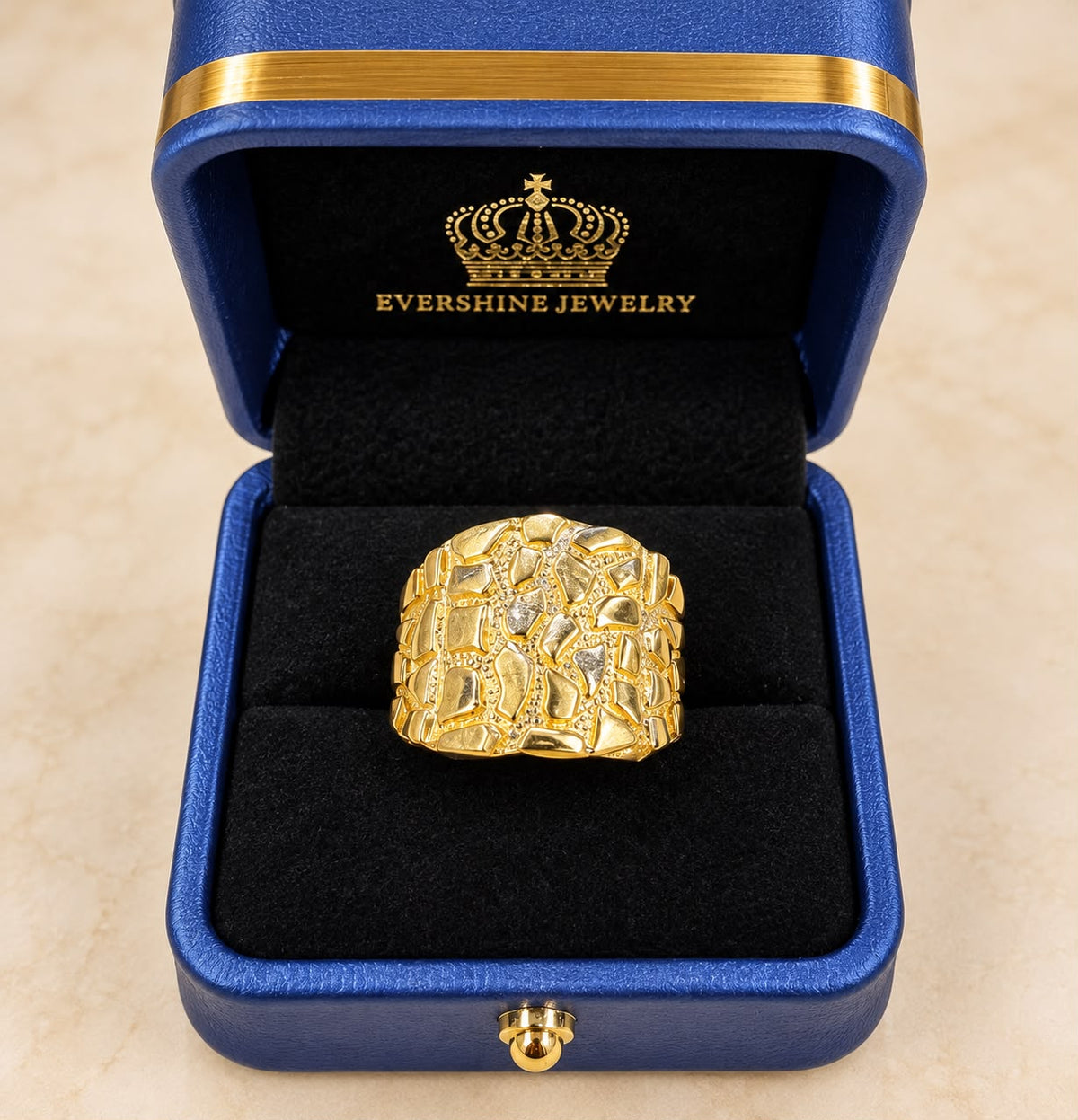 10K Yellow Gold Men's Nugget Ring Wide Band Statement Ring Size 9