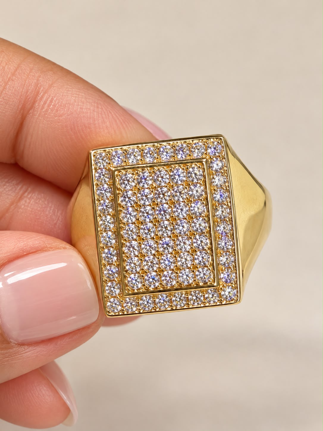 10K Yellow Gold Men's Square CZ Pave Iced Out Signet Ring Statement Jewelry