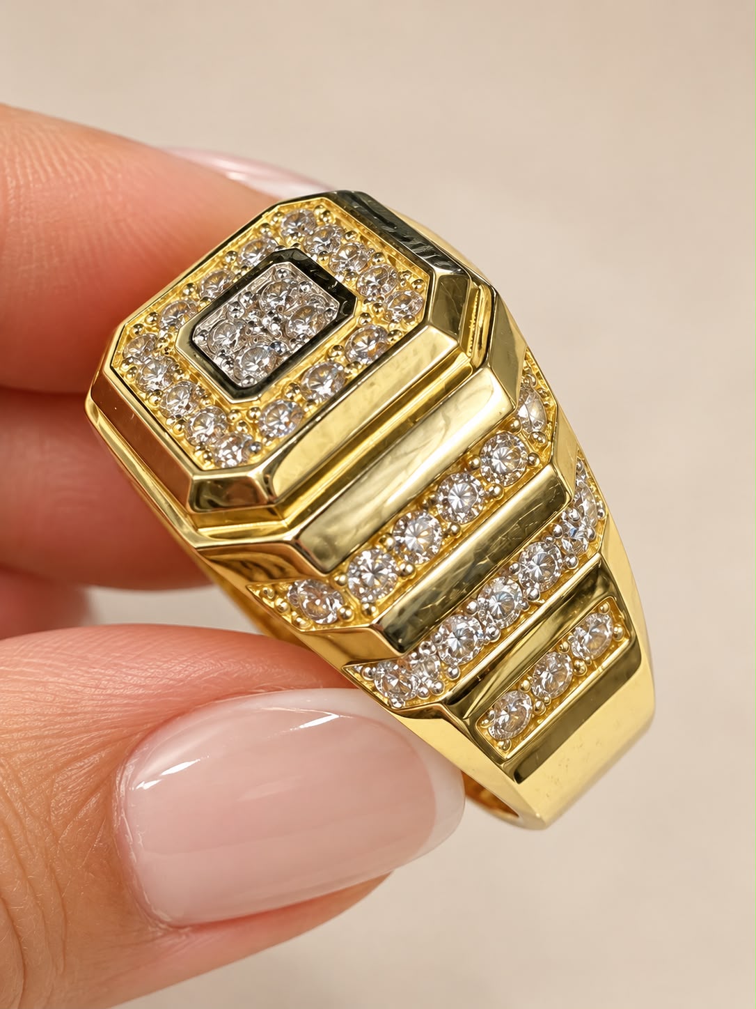 10K Yellow Gold Men's CZ Octagon Square Signet Ring Size 11 Iced Out Statement