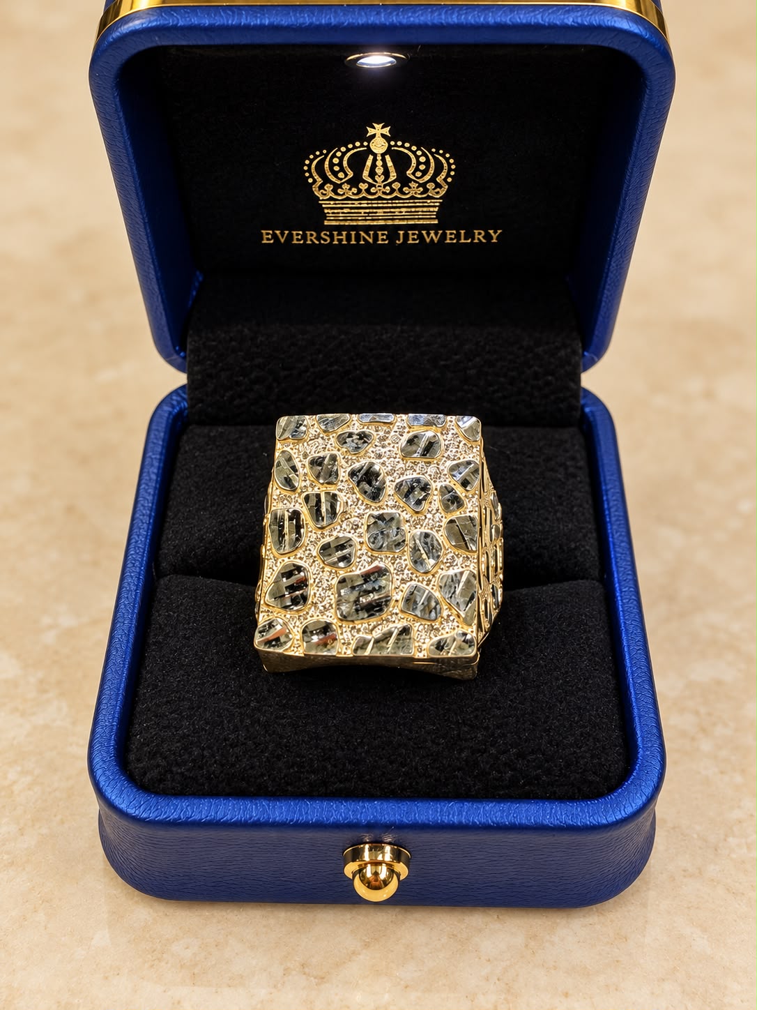 10K Yellow Gold Men's Nugget Ring Wide Square Diamond Cut Statement Ring 5.1g