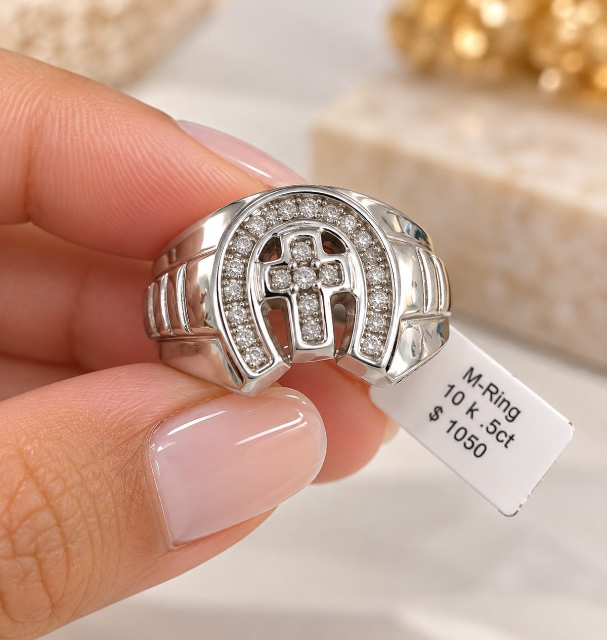 Men’s 10K White Gold Diamond Ring Horseshoe design with a Diamond-studded Cross in the center