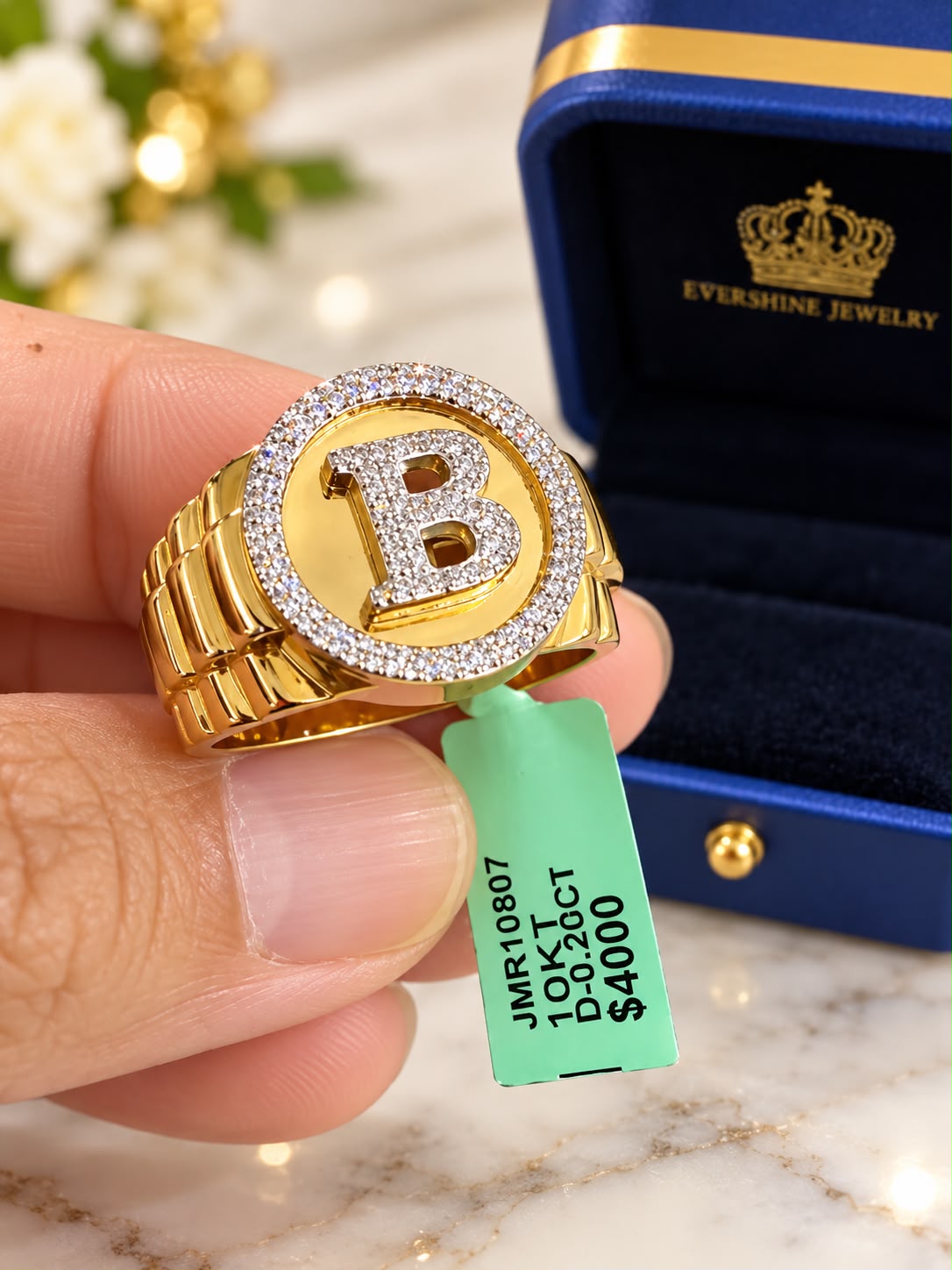Men’s 10K Yellow Gold Diamond Initial B Ring Round Signet Statement Jewelry