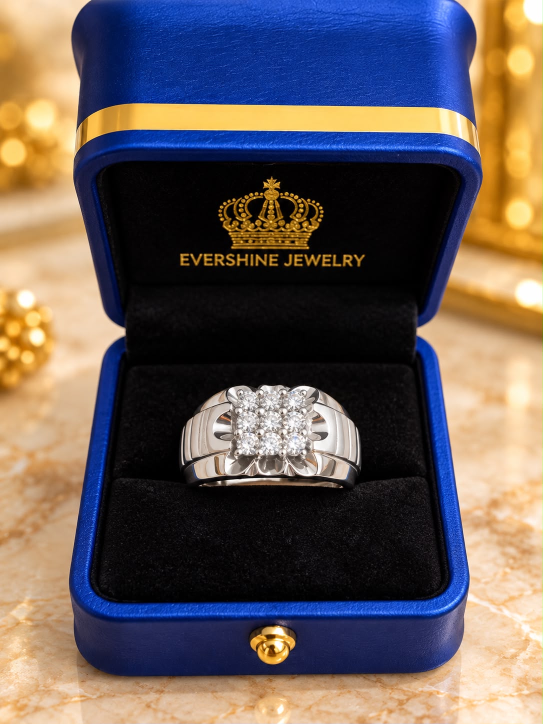 Men’s 10K Yellow Gold 9 Stone Diamond Cluster Ring Square Statement Band