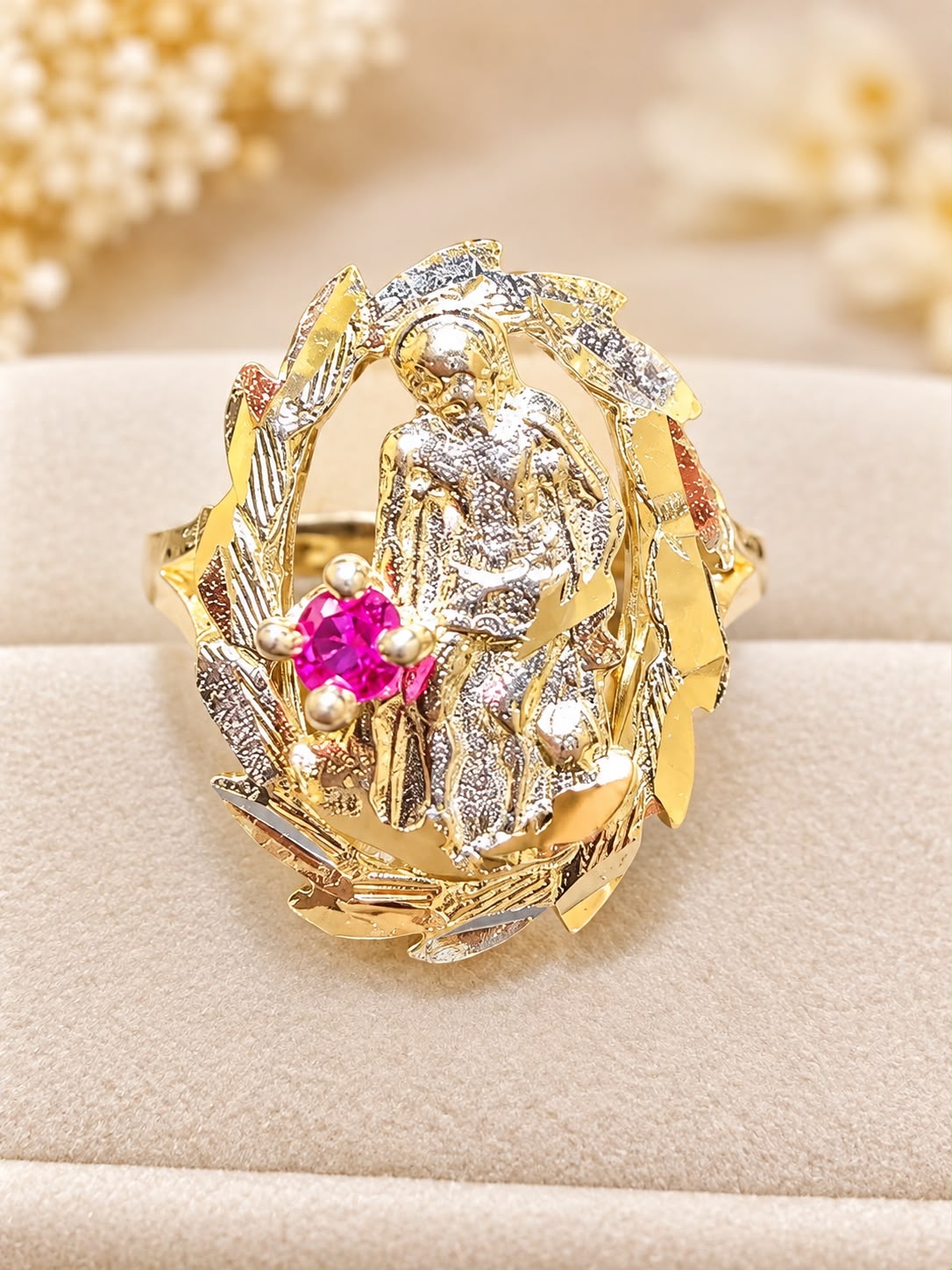 10K Yellow Gold San Judas St Jude Religious Ring Pink CZ Women’s Size 7.5 – 2g
