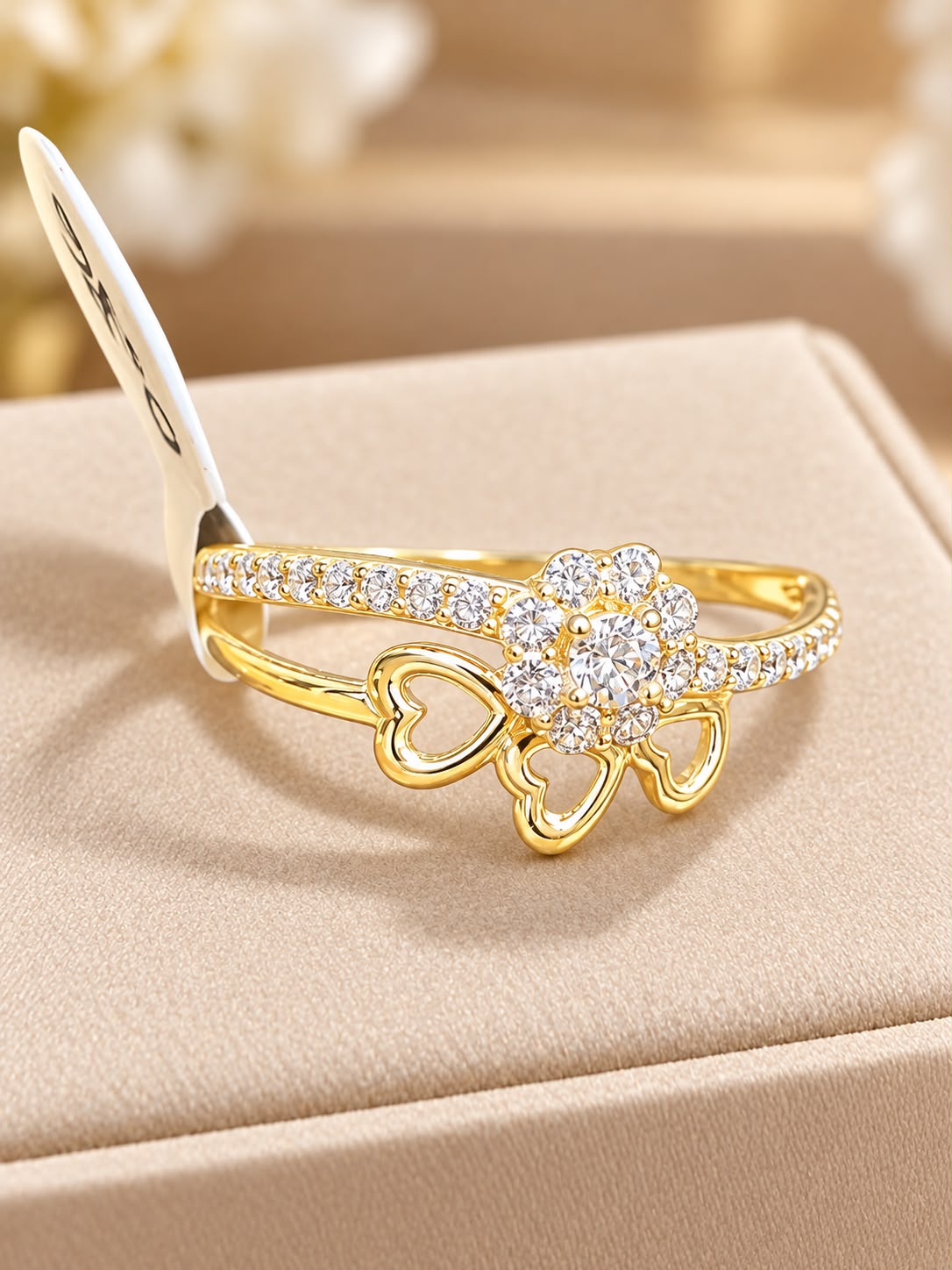 10K Yellow Gold Women’s CZ Flower Cluster Ring with Open Heart Design – 1 Gram