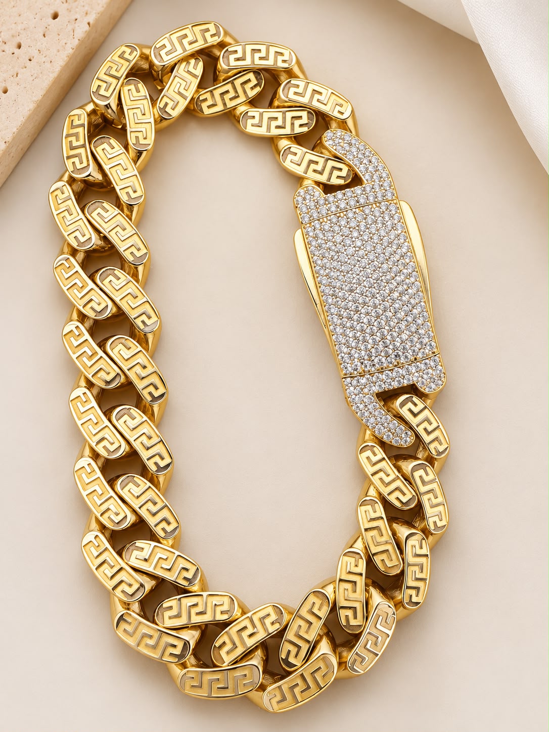 10K Yellow Gold Monaco Bracelet with CZ Stone Clasp 14.6mm 8.5” 26.4 Grams