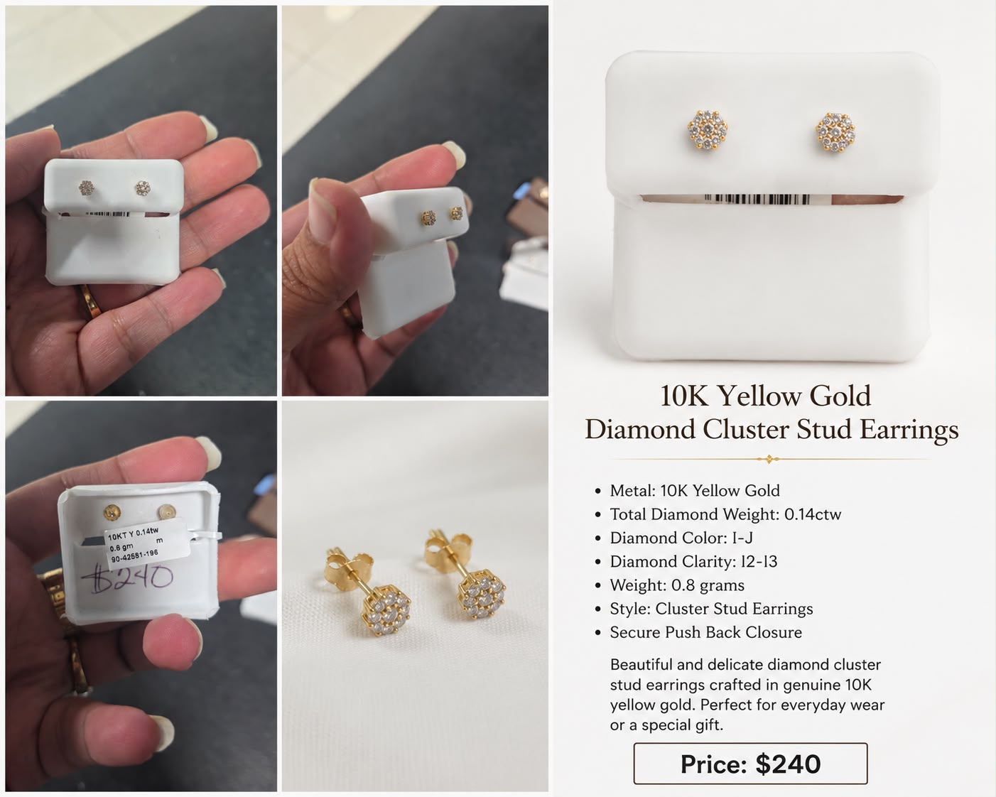 10K Gold Diamond Cluster Stud Earrings