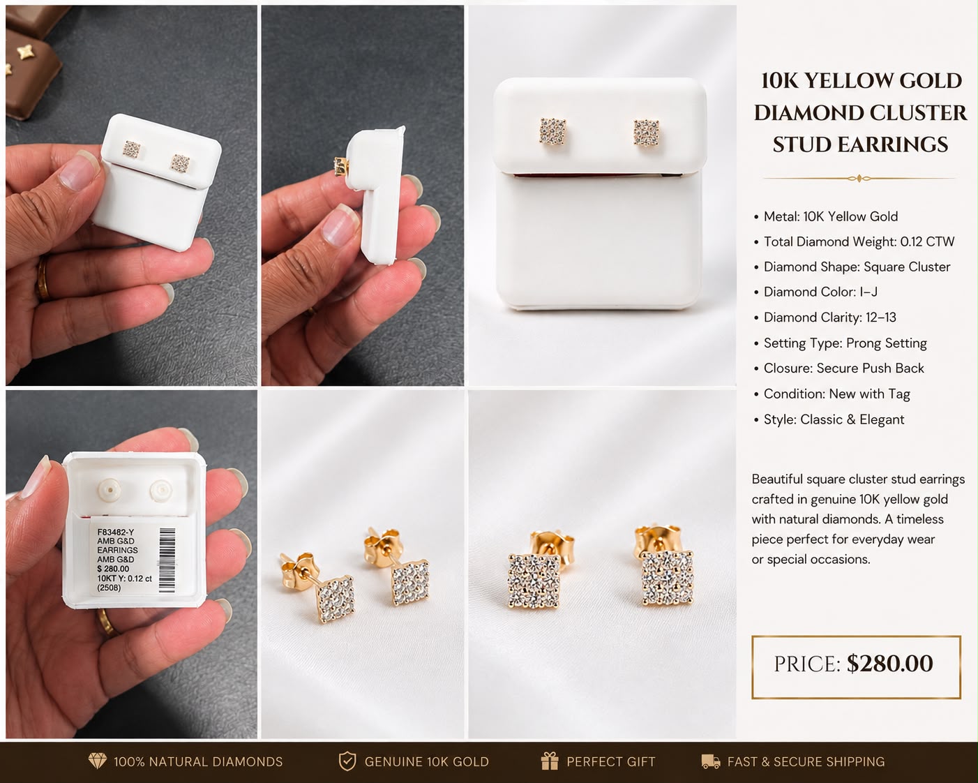 10K Yellow Gold Natural Diamond Square Cluster Stud Earrings