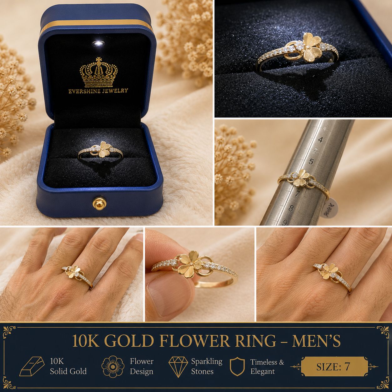 10K Yellow Gold CZ Flower Ring Size 7 Women’s Floral Clover Design
