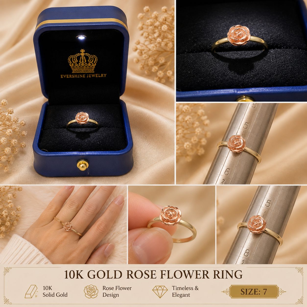 10K Yellow Gold Rose Flower Ring Size 7 Two-Tone Floral Women’s Ring
