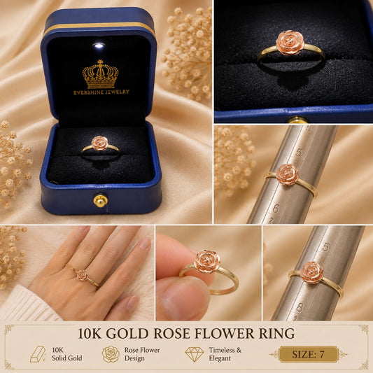 10K Yellow Gold Rose Flower Ring Size 7 Two-Tone Floral Women’s Ring