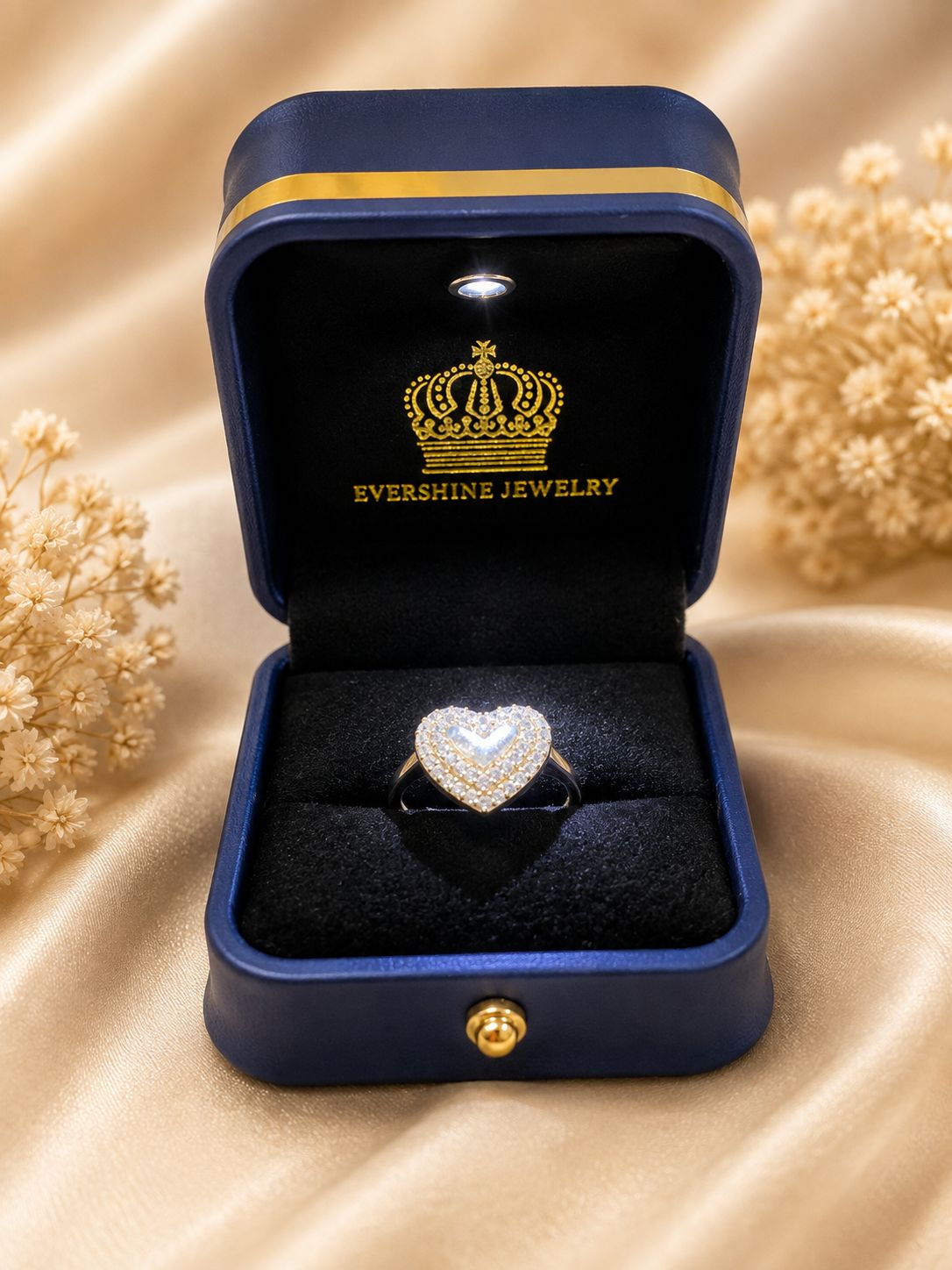 10K Yellow Gold CZ Double Heart Ring Women’s Size 6.5 Sparkling Halo Love Ring