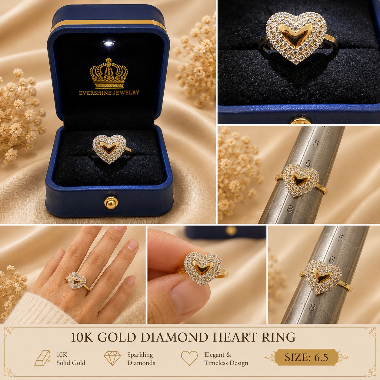10K Yellow Gold CZ Double Heart Ring Women’s Size 6.5 Sparkling Halo Love Ring