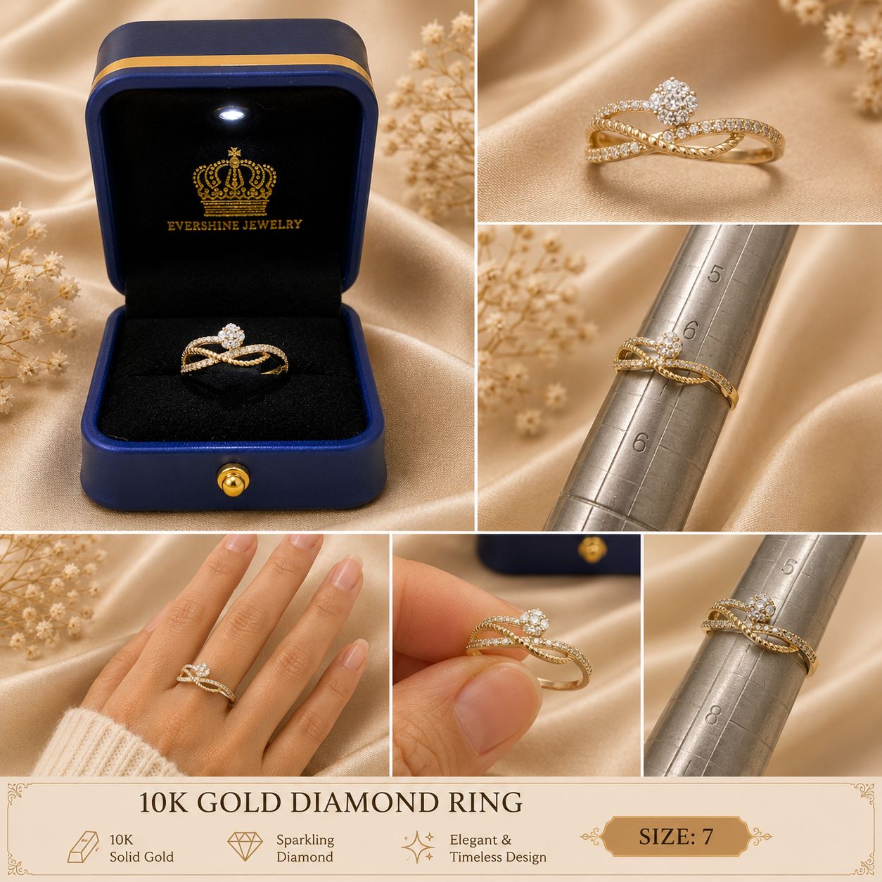 10K Yellow Gold CZ Cluster Ring Size 7 Women’s Swirl Crossover Sparkling Ring