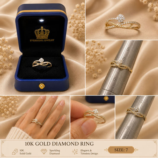 10K Yellow Gold CZ Cluster Ring Size 7 Women’s Swirl Crossover Sparkling Ring
