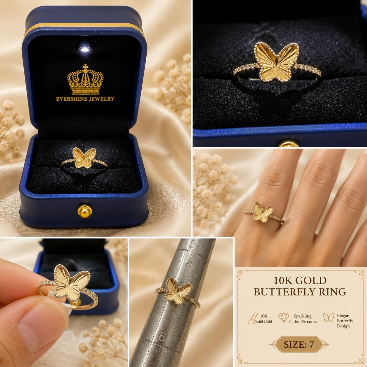 10K Yellow Gold CZ Butterfly Ring Size 7 Women’s Diamond-Cut Butterfly Ring
