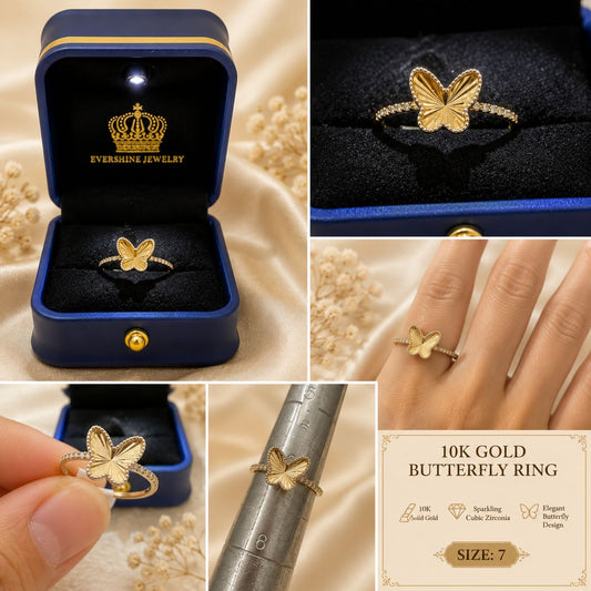 10K Yellow Gold CZ Butterfly Ring Size 7 Women’s Diamond-Cut Butterfly Ring