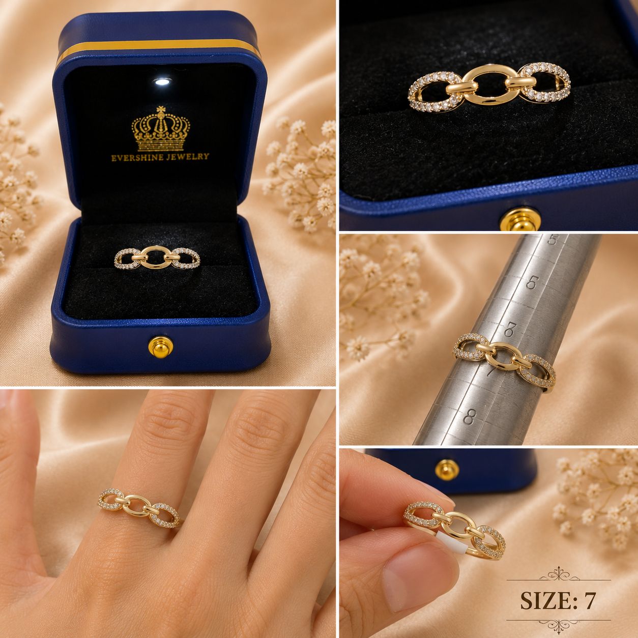10K Yellow Gold CZ Chain Link Ring Size 7 Women’s Sparkling Oval Link Ring