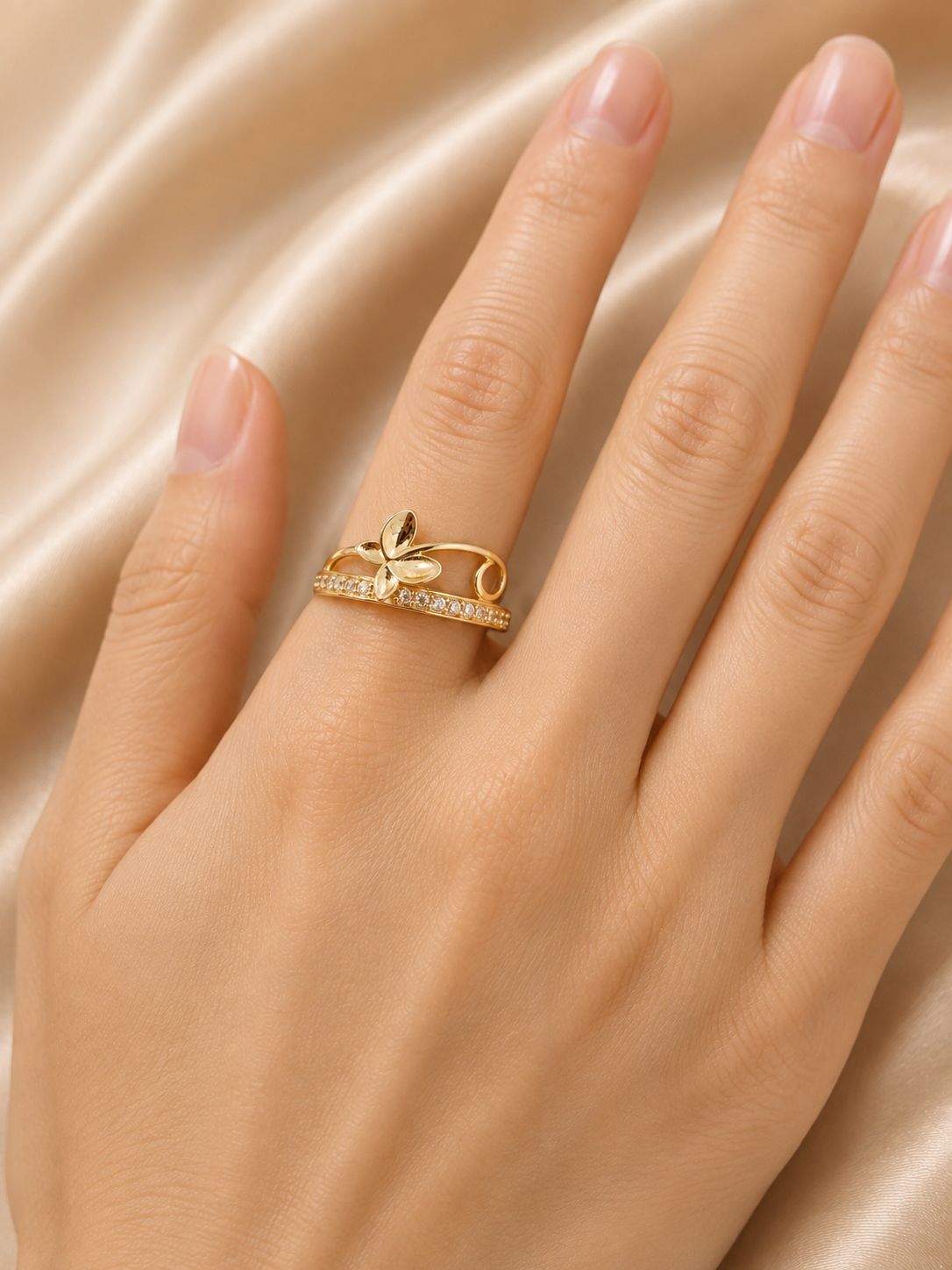 10K Yellow Gold CZ Butterfly Ring Size 7 Women’s Floral Swirl Statement Ring