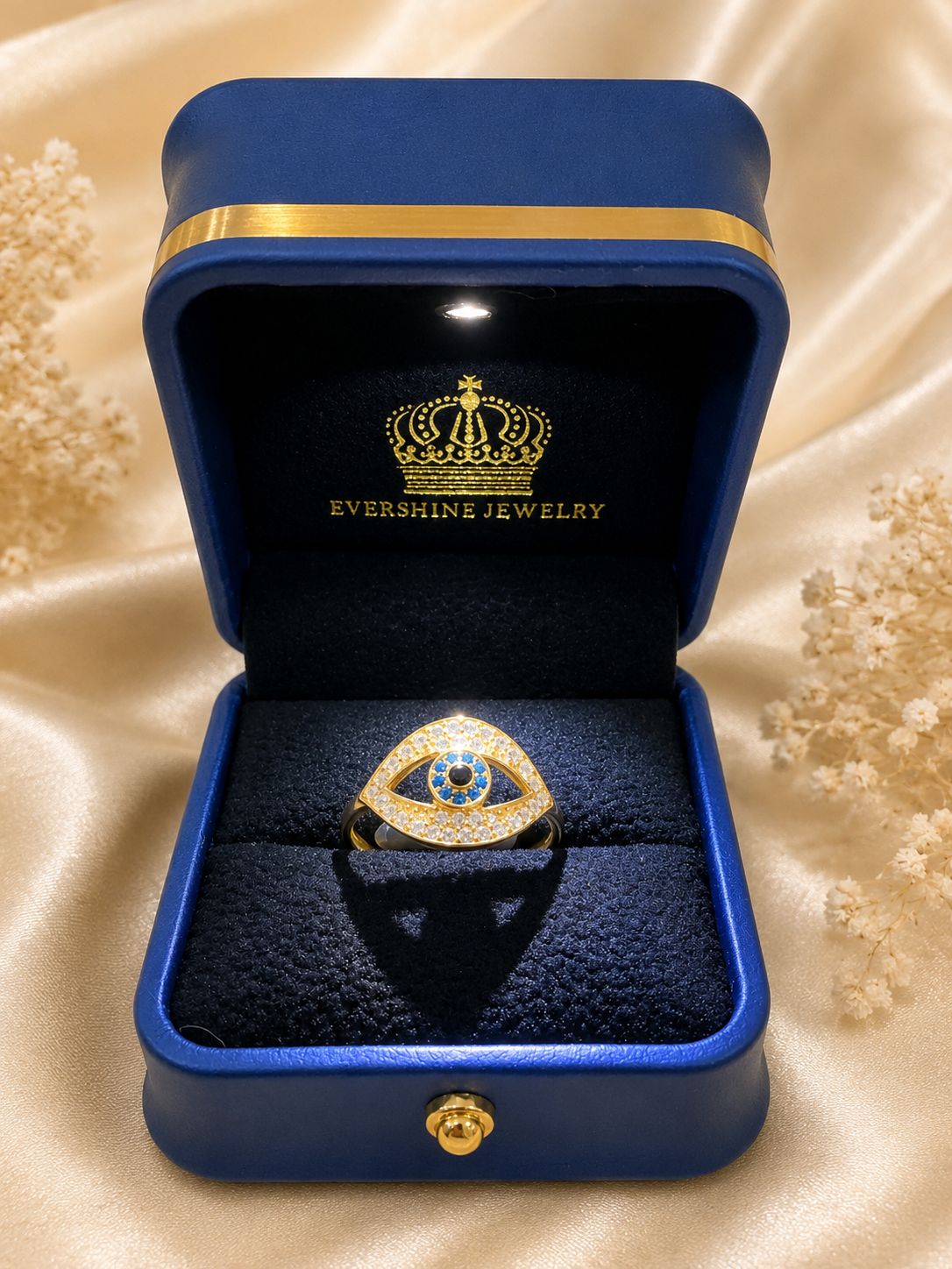 10K Yellow Gold Evil Eye Ring with CZ Stones Blue & Black Eye Statement Ring