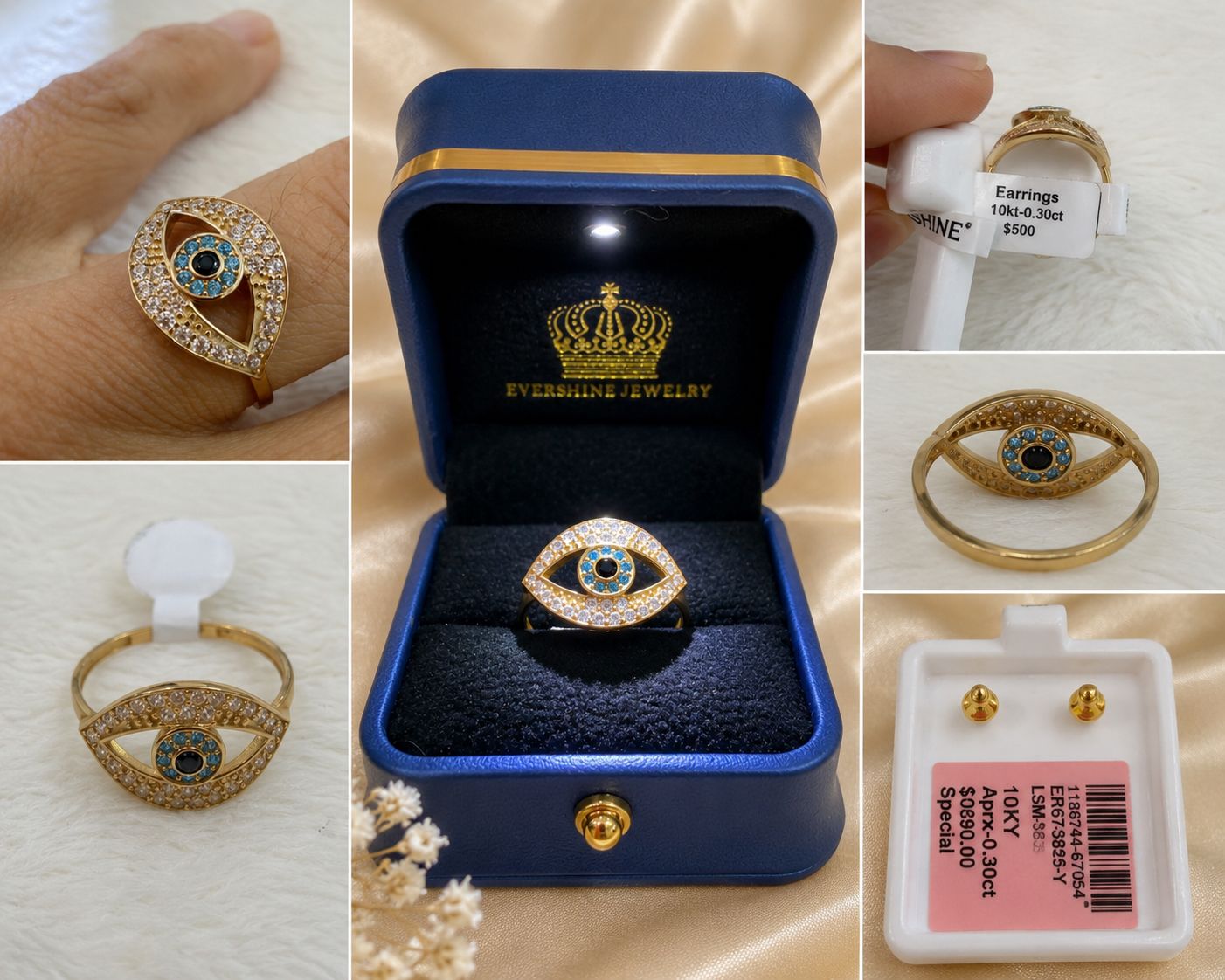 10K Yellow Gold Evil Eye Ring with CZ Stones Blue & Black Eye Statement Ring