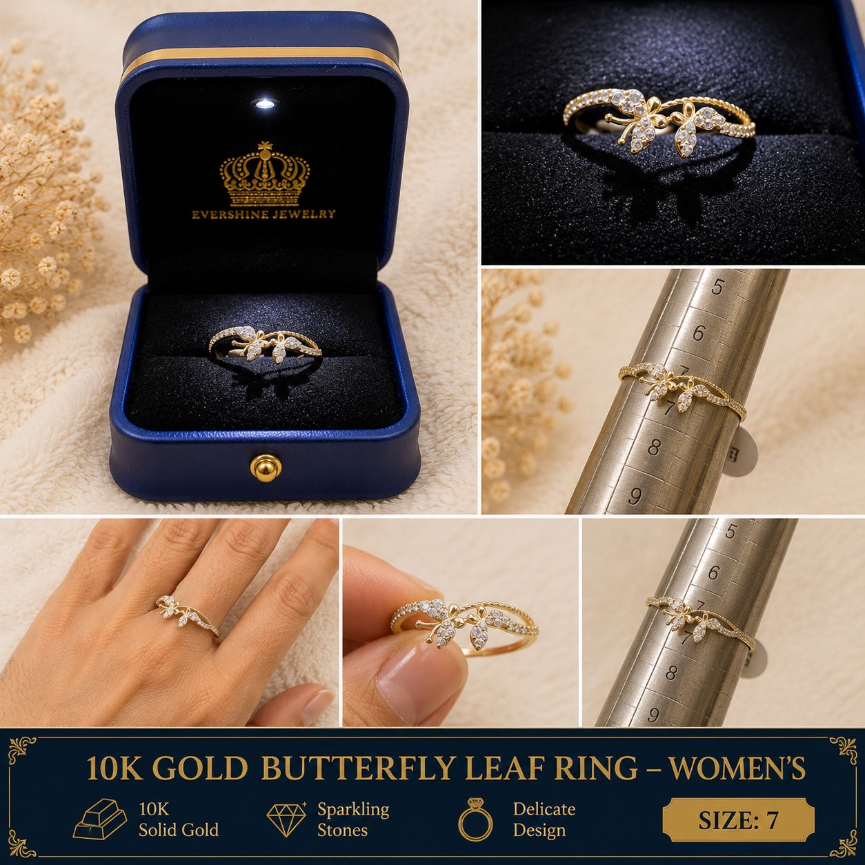 10K Yellow Gold CZ Butterfly Leaf Ring Women’s Size 7 Delicate Sparkling Ring