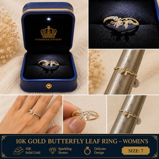 10K Yellow Gold CZ Butterfly Leaf Ring Women’s Size 7 Delicate Sparkling Ring