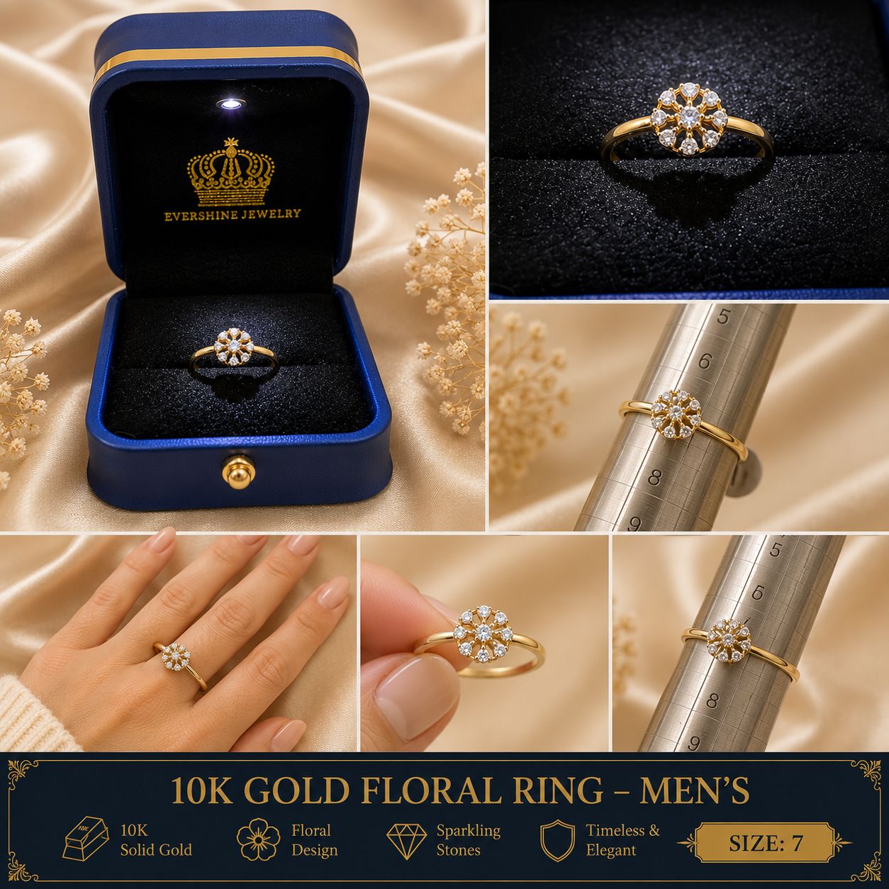 10K Yellow Gold CZ Floral Cluster Ring Size 7 Sparkling Flower Design