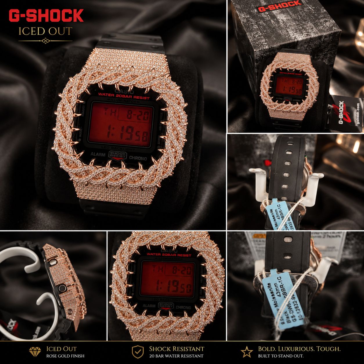 Casio G-Shock DW-5600 Custom Iced Out Moissanite Rose Gold Black Watch