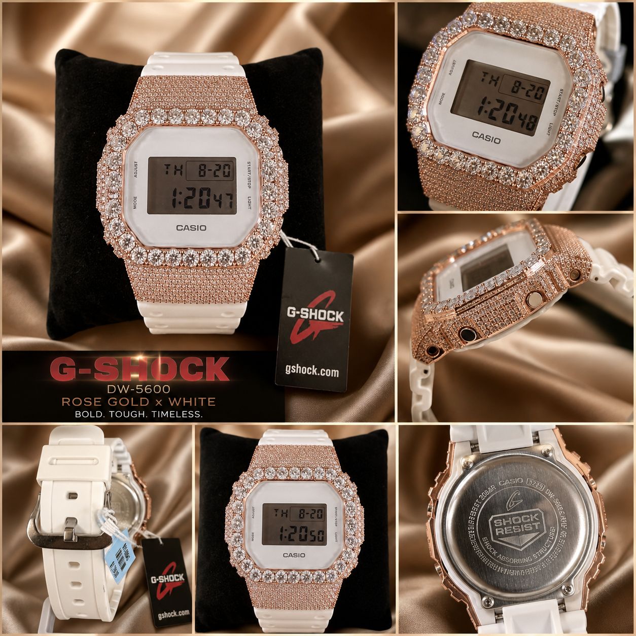 Casio G-Shock DW-5600 Custom Iced Out Moissanite Rose Gold White Watch