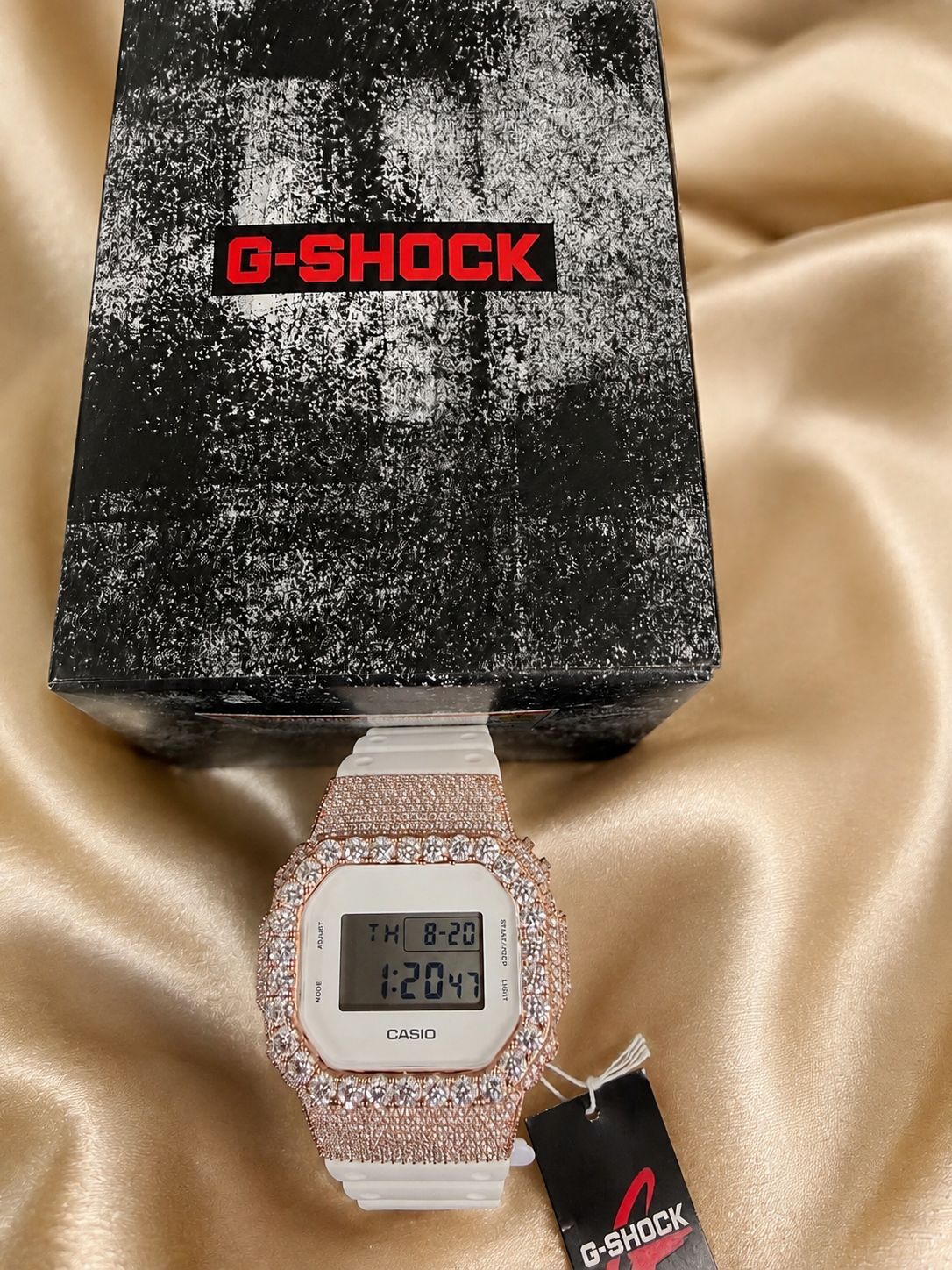 Casio G-Shock DW-5600 Custom Iced Out Moissanite Rose Gold White Watch