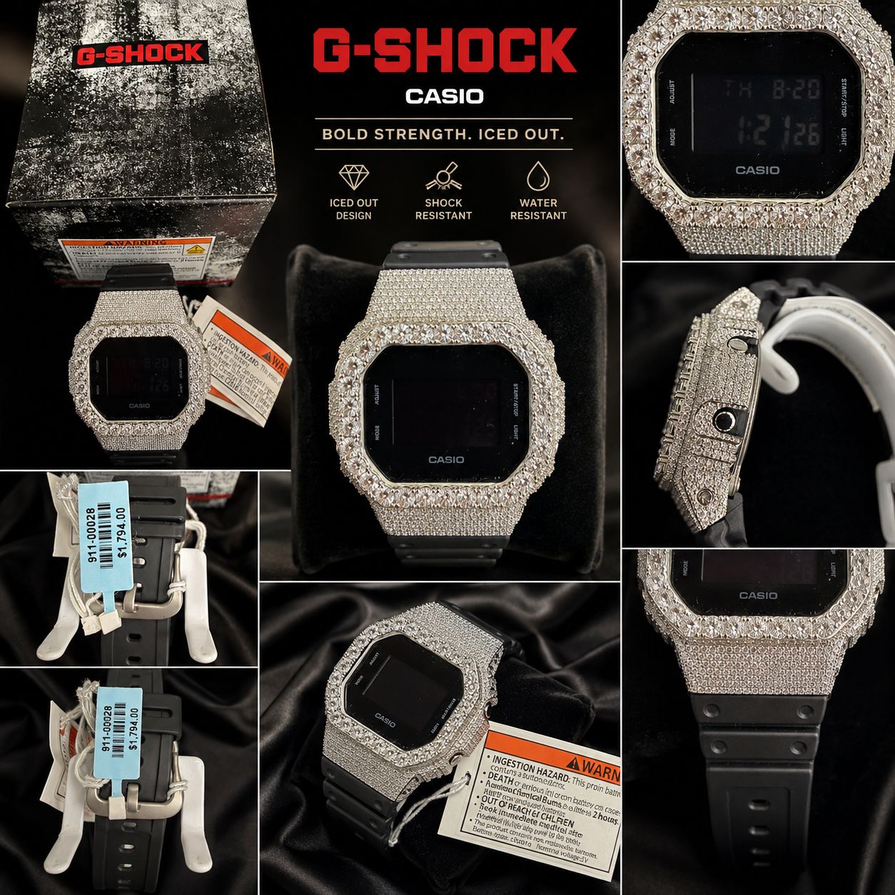 Casio G-Shock DW-5600 Custom Iced Out Moissanite Silver Black Digital Watch