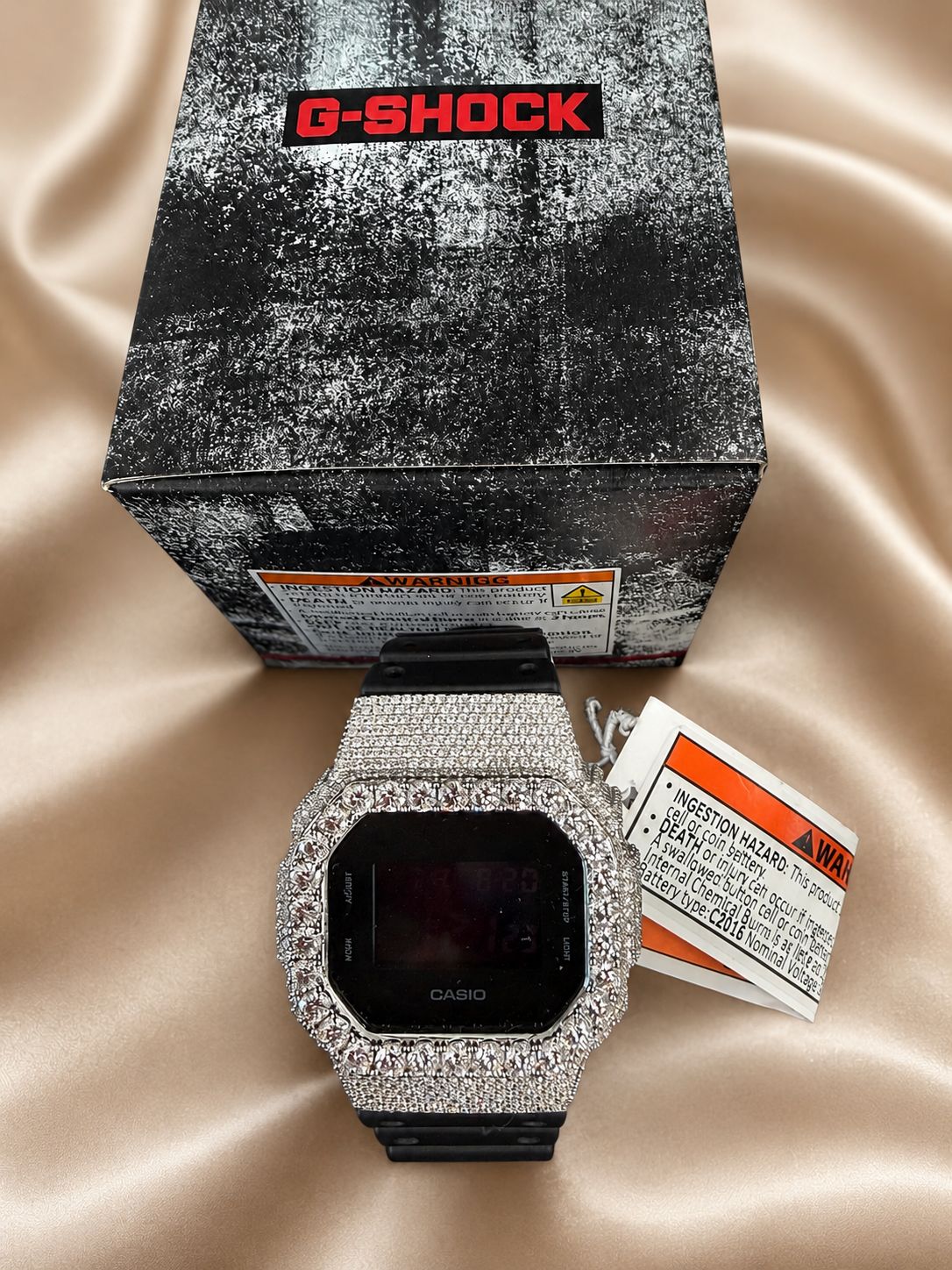 Casio G-Shock DW-5600 Custom Iced Out Moissanite Silver Black Digital Watch
