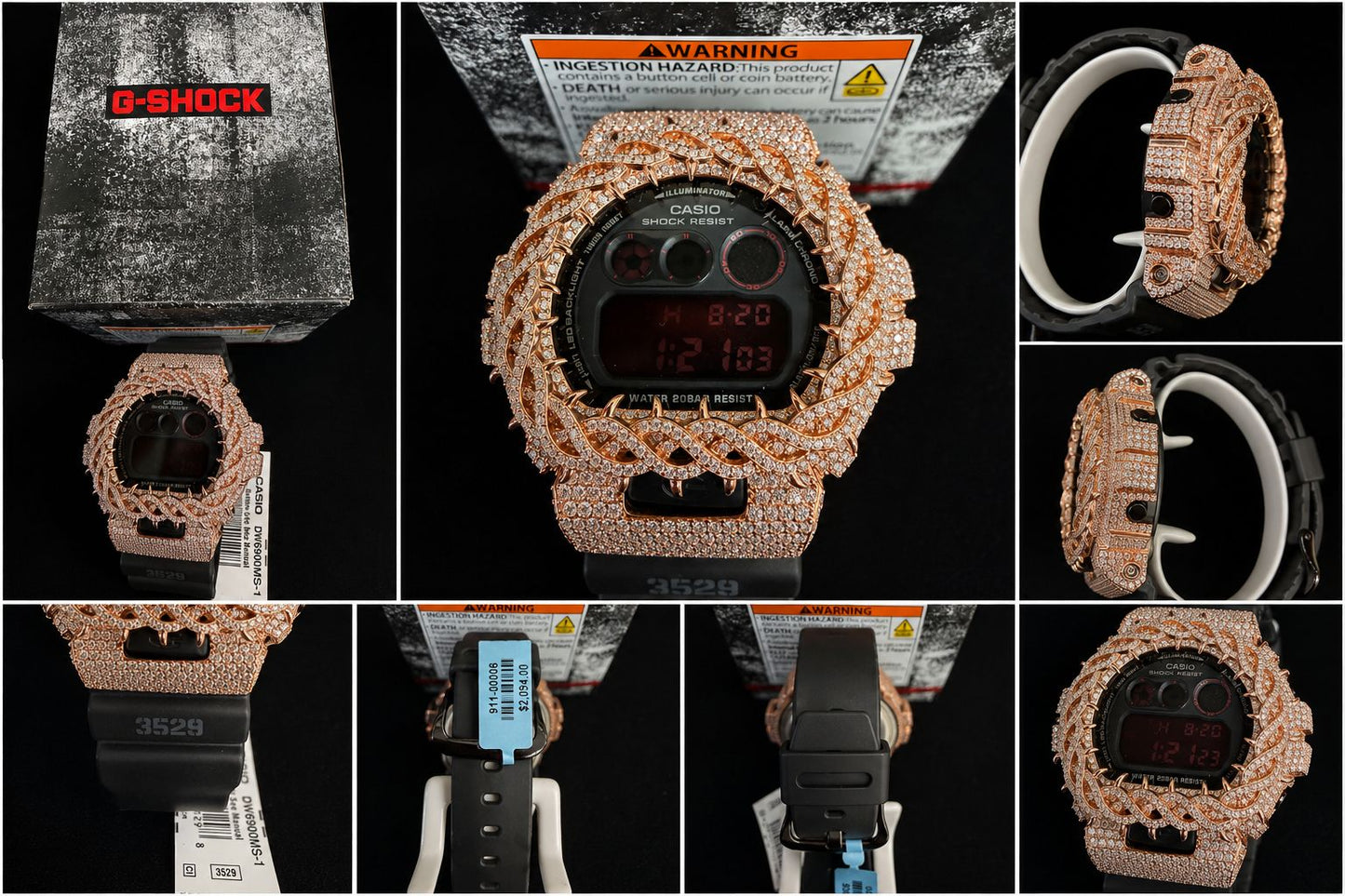 Casio G-Shock DW-6900 Custom Iced Out Moissanite Rose Gold Black Watch