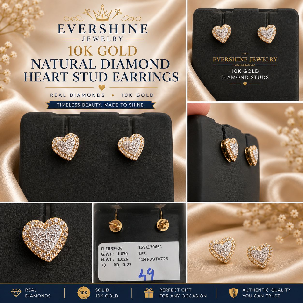 10K Yellow Gold Natural Diamond Heart Stud Earrings 0.22 CTW 1.07g