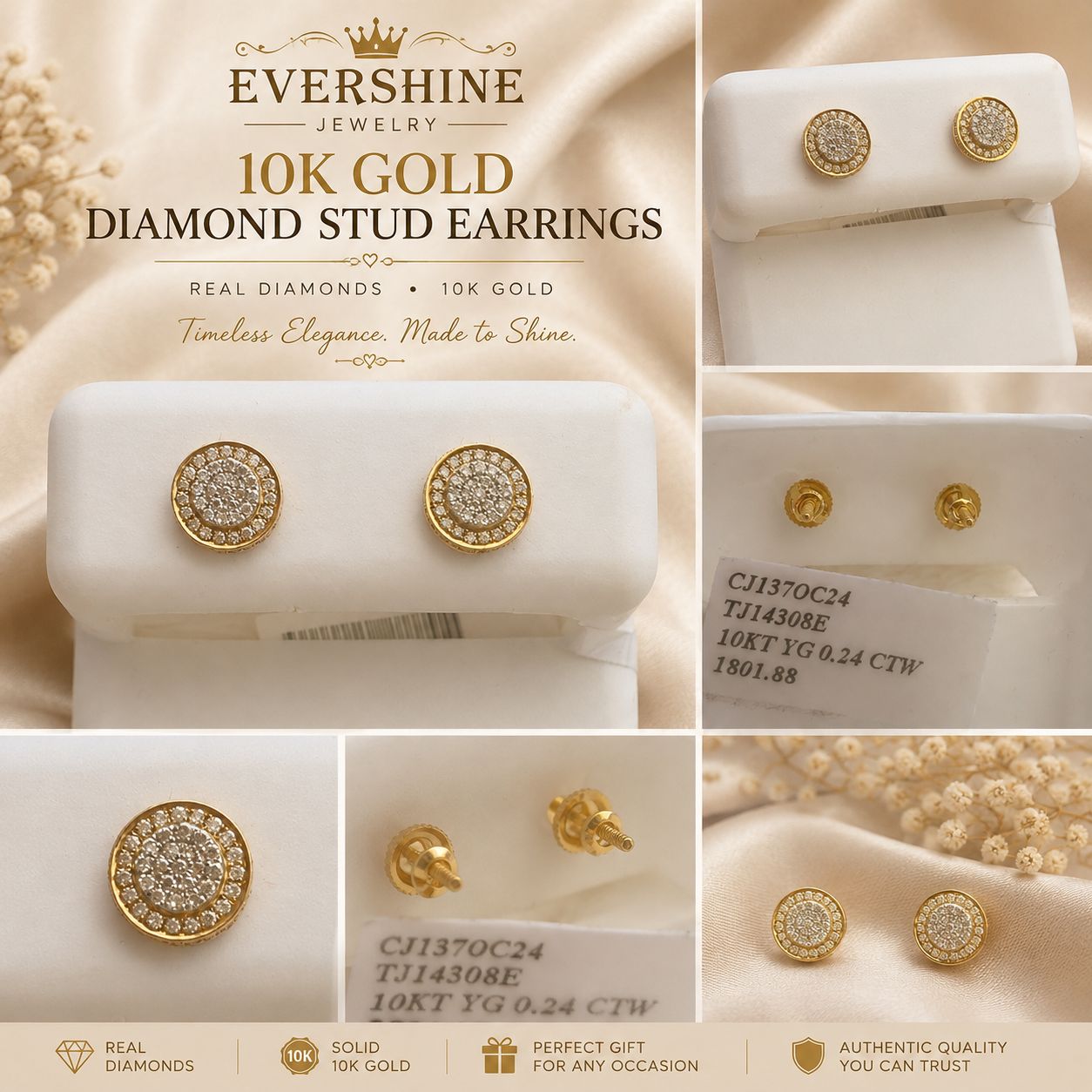 10K Yellow Gold Natural Diamond Round Stud Earrings 0.24 CTW Screw Back