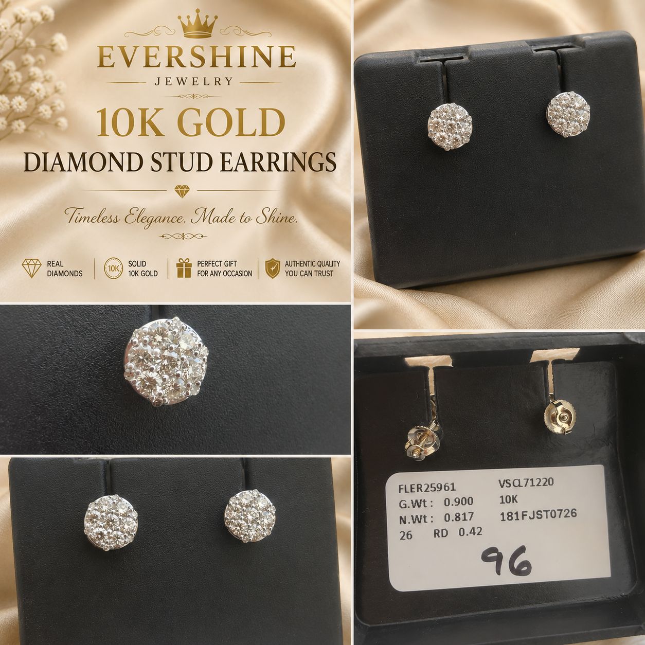 10K White Gold Natural Diamond Cluster Stud Earrings 0.42 CTW 0.90g