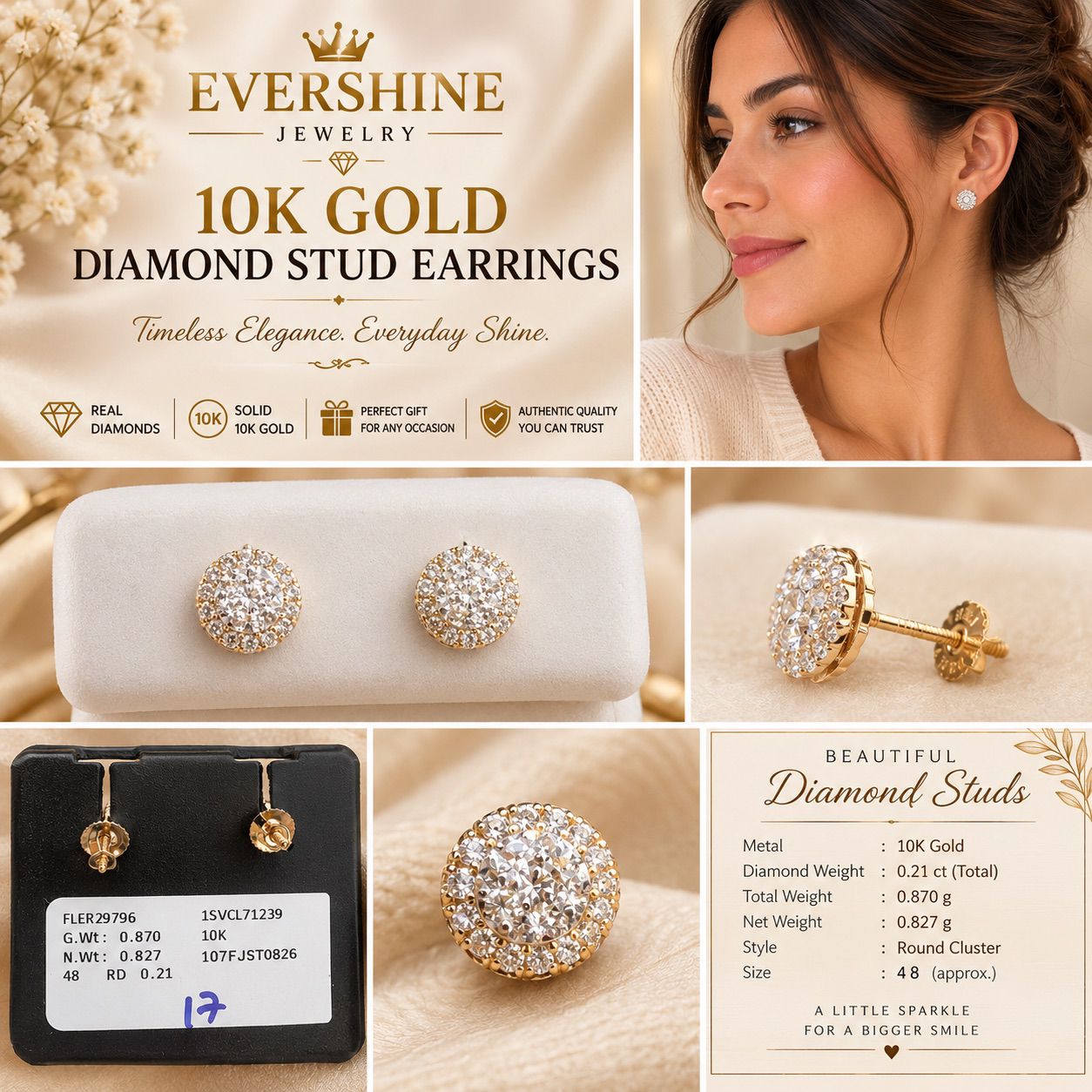 10K Yellow Gold Natural Diamond Round Cluster Stud Earrings 0.21 CTW 0.87g